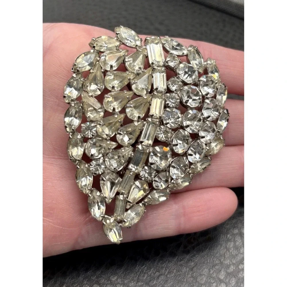 Vintage Huge Large Clear Rhinestone Leaf Brooch Pin GORGEOUS